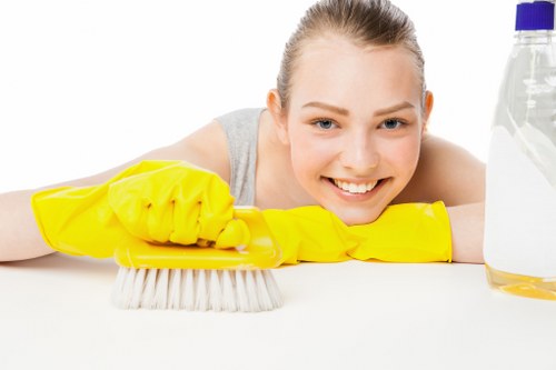 Technician assessing cleaning hazards in a room