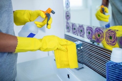 Cleaner reviewing service details before starting work